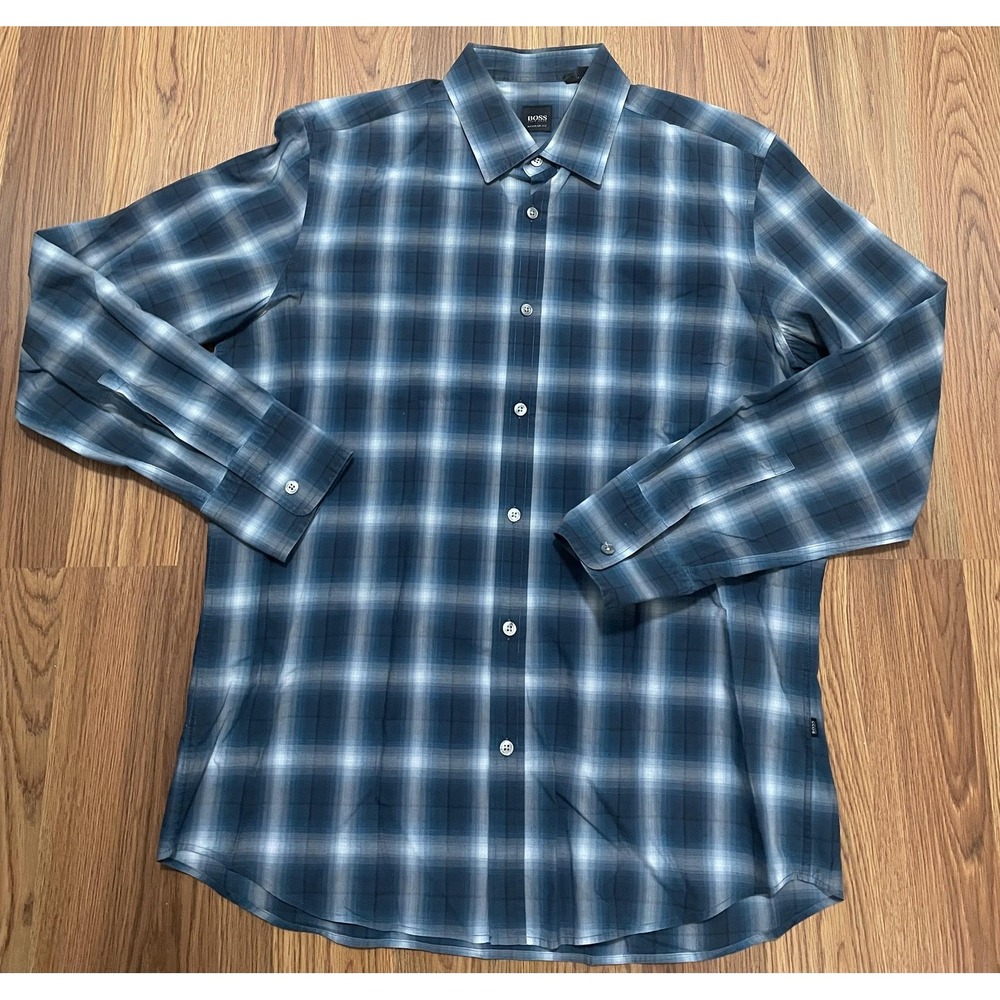 Boss Shirt Mens Large Plaid Casual Button Front Spread Collar